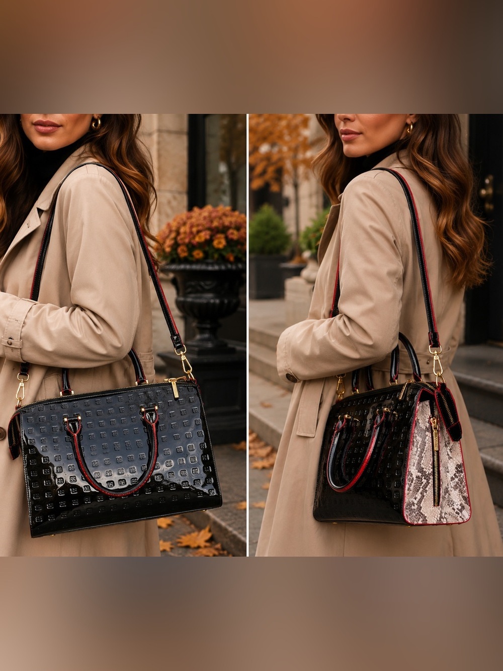 Arcadia Italy Black Patent Leather Satchel Handbag Red Trim Crossbody Embossed